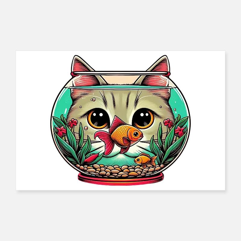 Aquarium Cat with Goldfish Poster 12" x 8" (30x20 cm)