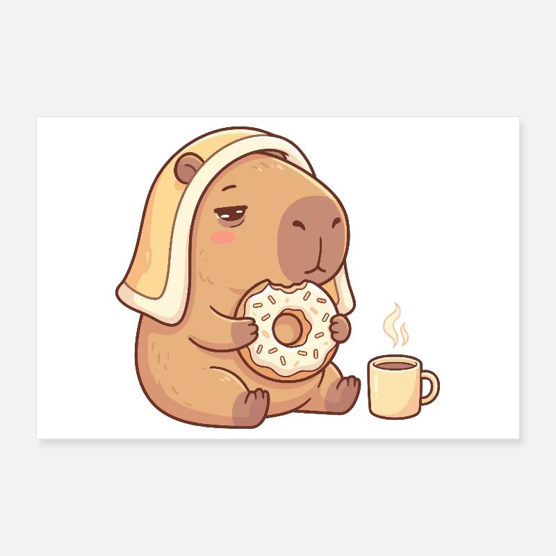 Capybara with donut and coffee cozy motif Poster 12" x 8" (30x20 cm)