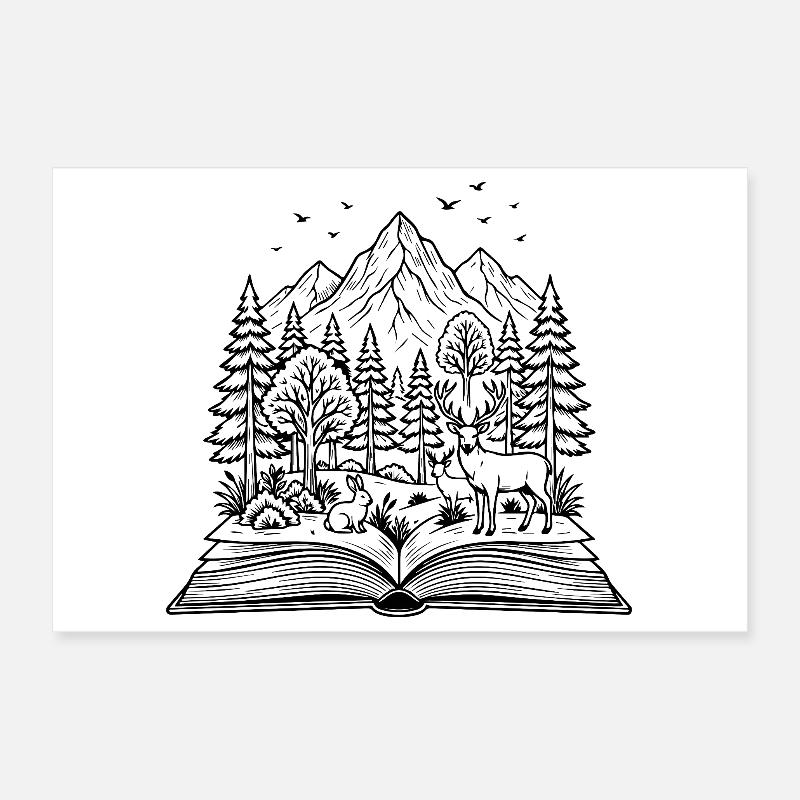 Livre ouvert avec design de forêt, cerf et lapin Poster 30 x 20 cm