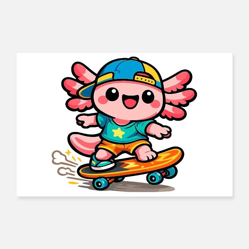 Kawaii Wing Skateboarder Axolotl Poster 12" x 8" (30x20 cm)