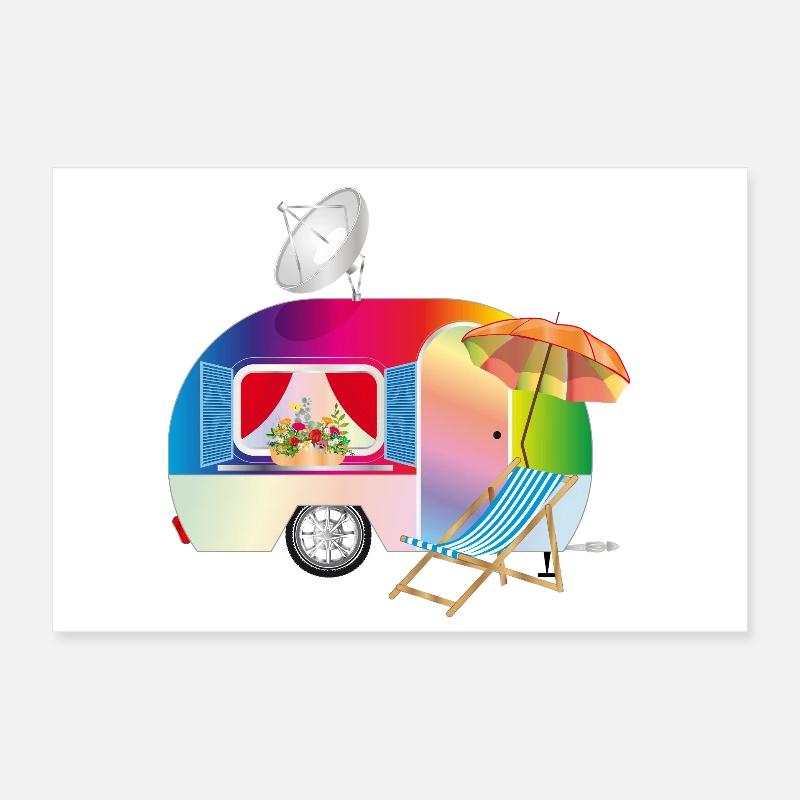 Caravane rétro colorée avec transat Poster 30 x 20 cm
