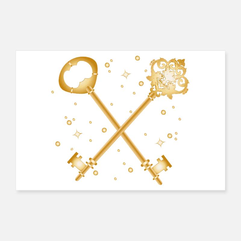Crossed Golden Antique Key Design Poster 12" x 8" (30x20 cm)