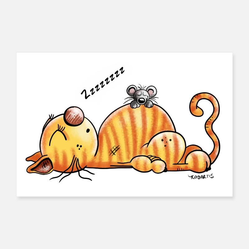 Snoring cat and mouse - Cartoon - Gift - Cute Poster 12" x 8" (30x20 cm)