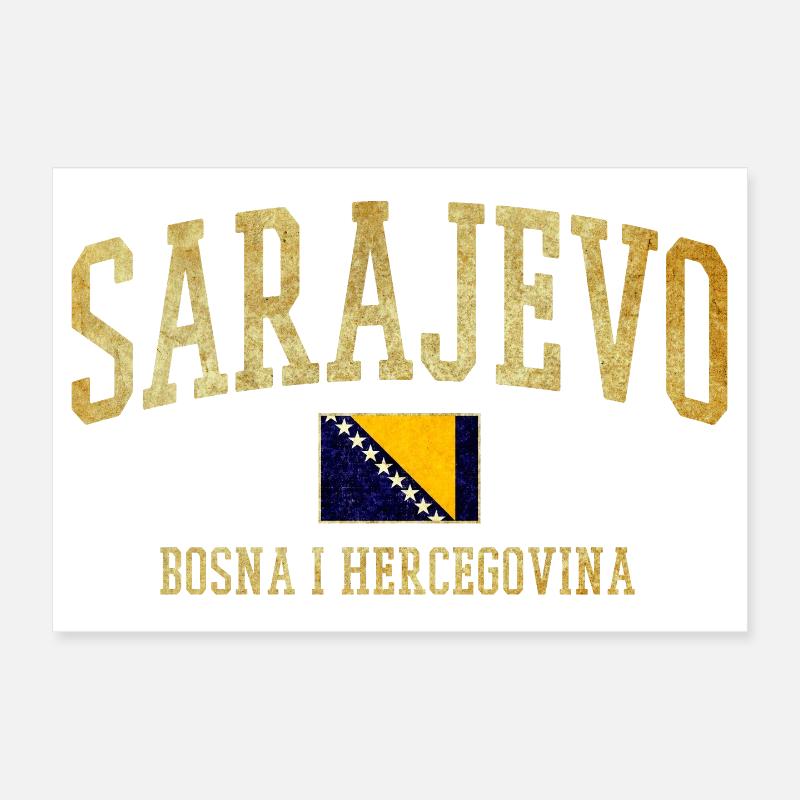 Lettrage doré de Sarajevo avec drapeau bosnien - Poster 30 x 20 cm - blanc