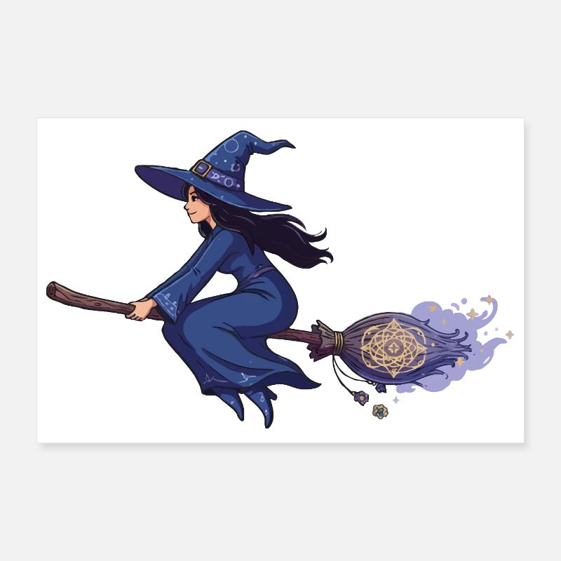 Witch on Broom in Magic Blue Poster 12" x 8" (30x20 cm)