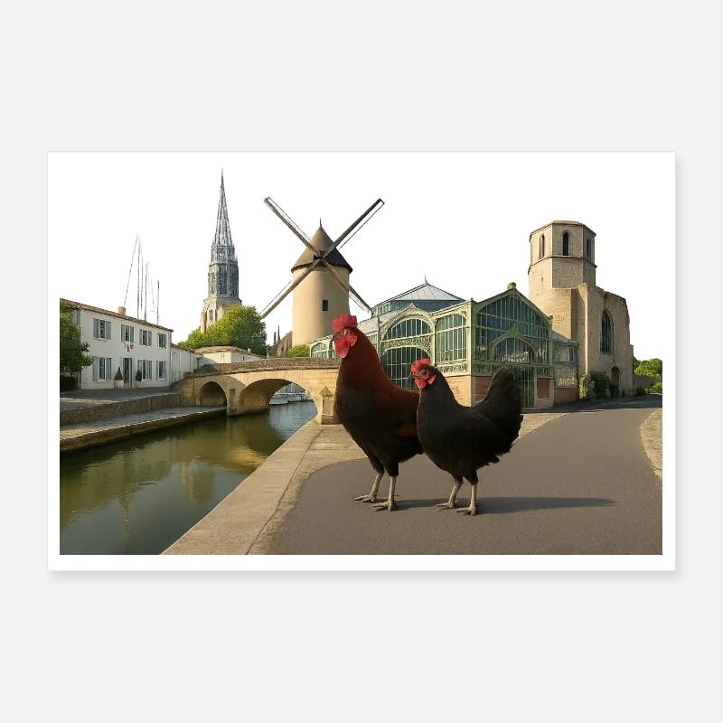 Marans, Coqs citadins au moulin Poster 30 x 20 cm