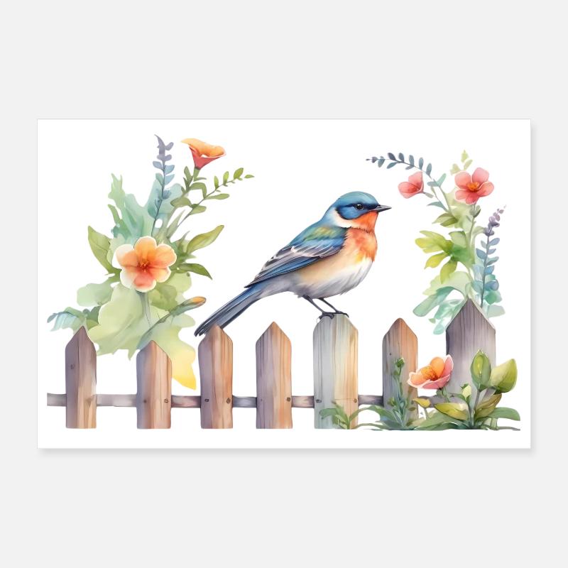 Oiseau sur clôture en bois Poster 30 x 20 cm