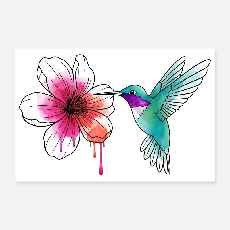 Colibri aquarelle avec hibiscus Poster 30 x 20 cm