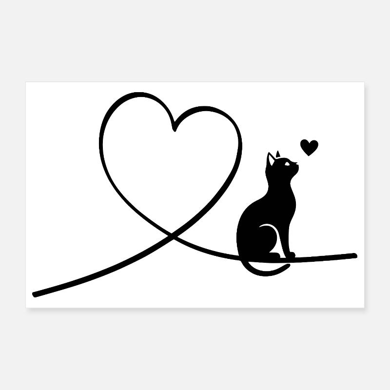Silhouette de chat avec cœur minimaliste Poster 30 x 20 cm