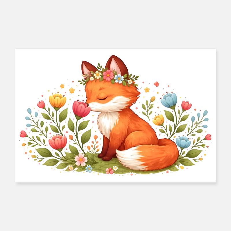 Un joli renard de printemps avec une couronne de fleurs Poster 30 x 20 cm