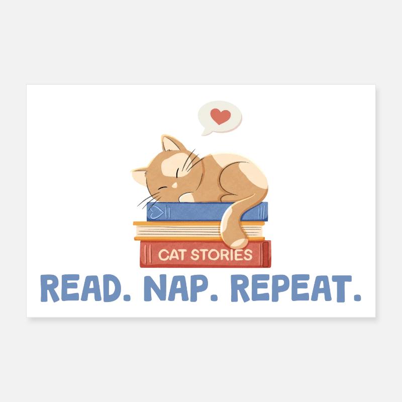 Cat on Books with Saying Read. Nap. Repeat. Poster 12" x 8" (30x20 cm)