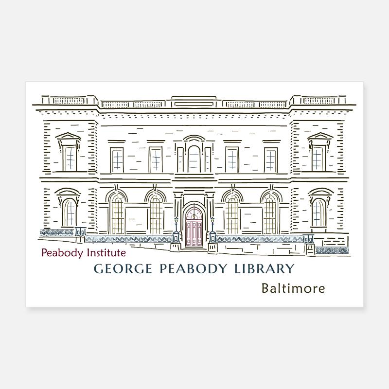Baltimore, dessin à la main Bibliothèque George Peabody Poster 30 x 20 cm