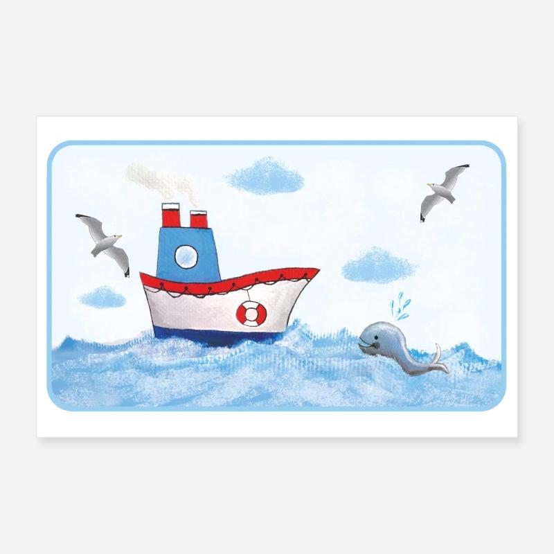 Petit bateau côtier au bord de la mer avec une baleine Poster 30 x 20 cm