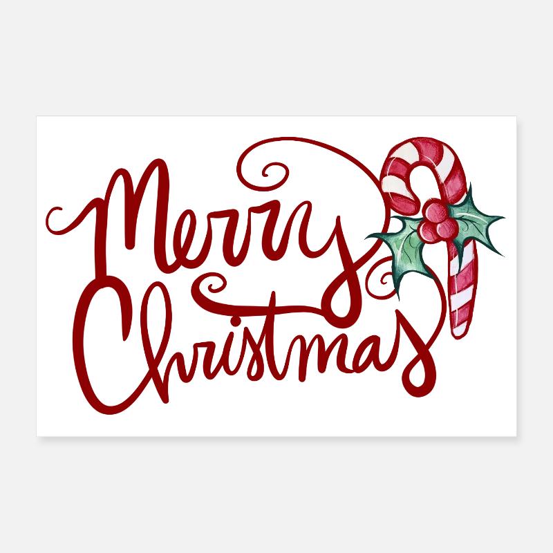 Merry Christmas Script with Candy Cane Poster 12" x 8" (30x20 cm)