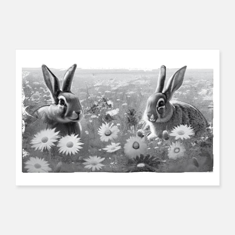Lapins sur prairie fleurie GRIS avec bord effiloché Poster 30 x 20 cm