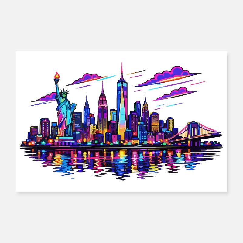 NYC Neon-Skyline Reflektion Poster 30x20 cm