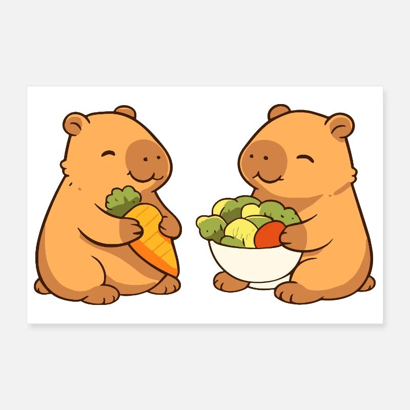 Capybara couple with vegetables – relaxed & cute Poster 12" x 8" (30x20 cm)