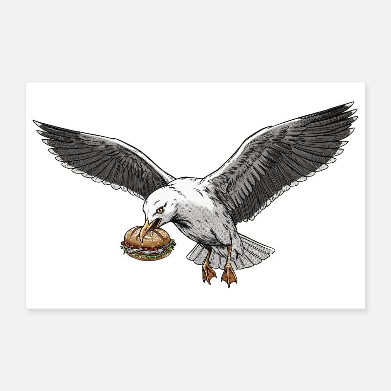 Funny Seagull Steals Fish Rolls Beach Poster 12" x 8" (30x20 cm)