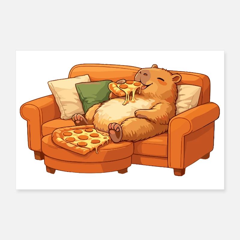 Capybara Sofa Pizza Relaxed Relax Motif Poster 12" x 8" (30x20 cm)