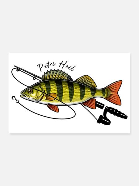Angeln mit Rute Barsch Fisch Petri Heil - Poster 30x20 cm - Weiß - Vorne