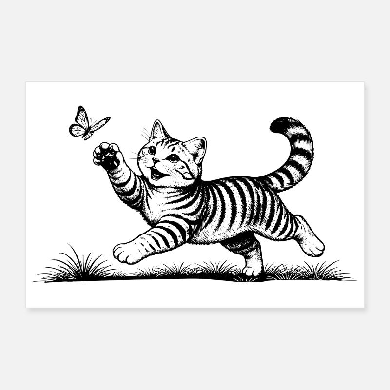 Un chat jouant avec un papillon Poster 30 x 20 cm