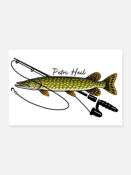 Angeln mit Rute Hecht Fisch Petri Heil - Poster 30x20 cm - Weiß - Vorne