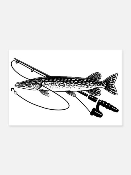 Hecht Fisch angeln mit Rute Petri Heil - Poster 30x20 cm - Weiß - Vorne
