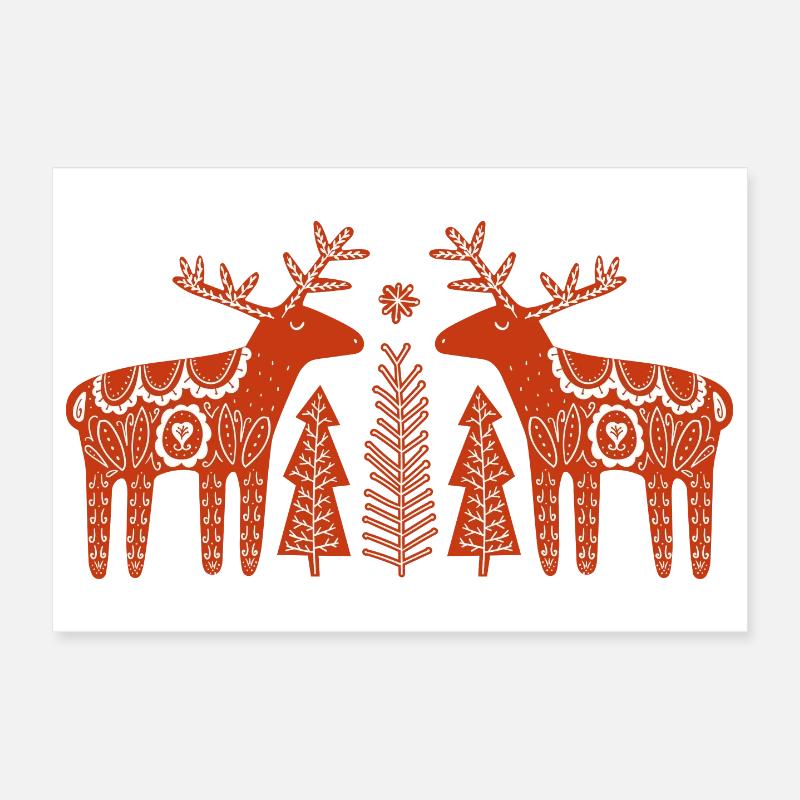 Twin Reindeer Christmas Folk Poster 12" x 8" (30x20 cm)