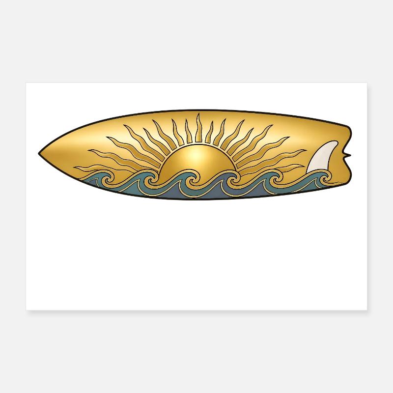 Soleil doré avec planche de surf et surfeur des vagues de mer Poster 30 x 20 cm