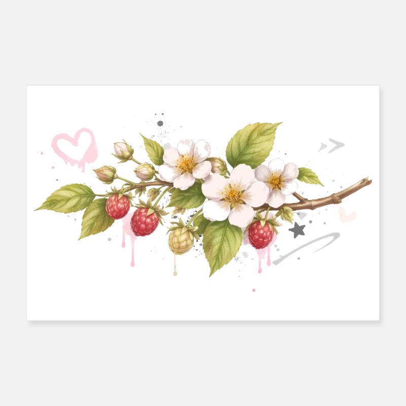 Raspberry branch with flowers graffiti style Poster 12" x 8" (30x20 cm)