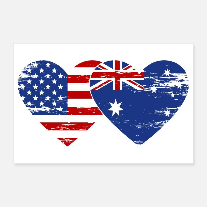 États-Unis, Australie, drapeau, forme de coeur utilisé Poster 30 x 20 cm