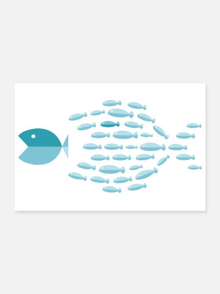 Silhouette d’école bleue - les petits poissons mangent les gros poissons - Poster 30 x 20 cm - blanc - Devant