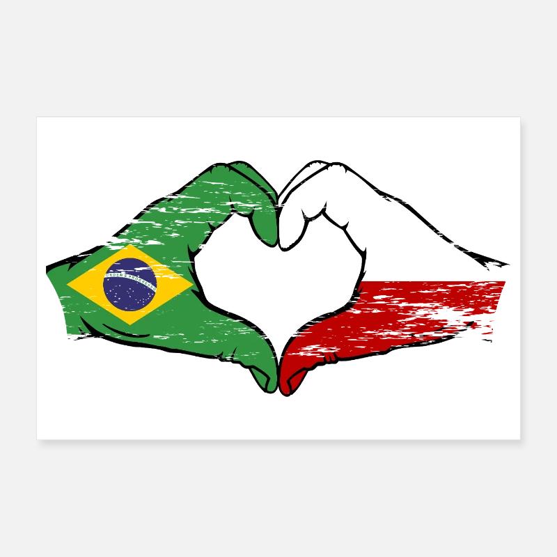 Brésil Pologne Drapeau Main Forme Coeur Utilisé Poster 30 x 20 cm