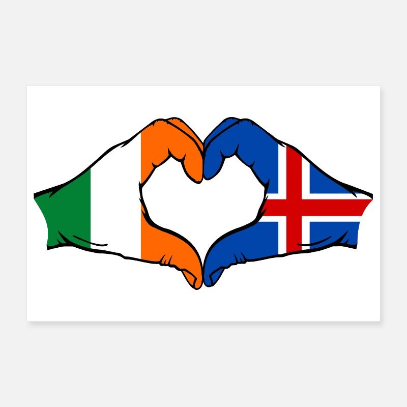 Drapeau de l'Irlande et de l'Islande, mains en forme de cœur Poster 30 x 20 cm