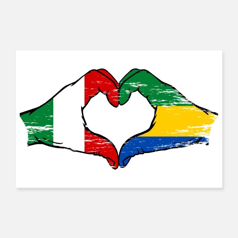 Italie Gabon Drapeau Mains Coeur Forme Utilisé Poster 30 x 20 cm