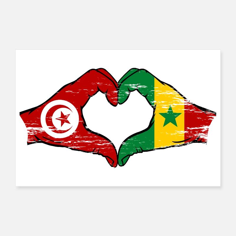 Tunisie Sénégal drapeau mains forme coeur utilisé Poster 30 x 20 cm