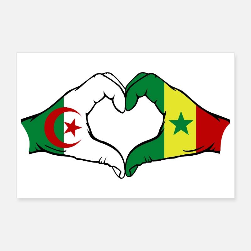 Algérie Sénégal Drapeau Mains Coeur Forme Poster 30 x 20 cm