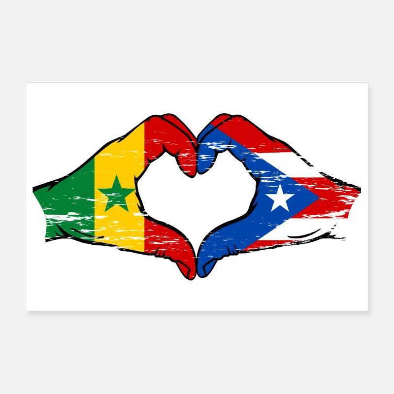 Sénégal Porto Rico drapeau mains forme de coeur utilisé Poster 30 x 20 cm