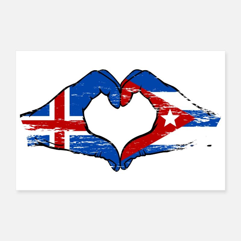 Islande, drapeau Cuba, mains de cœur Poster 30 x 20 cm