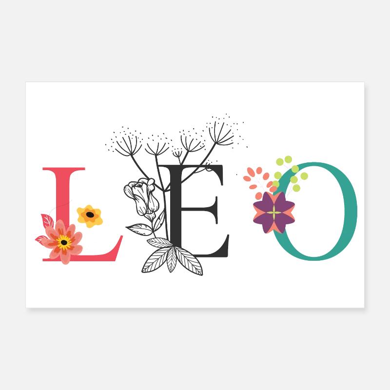 LEO Name Art avec des fleurs brodées Poster 30 x 20 cm