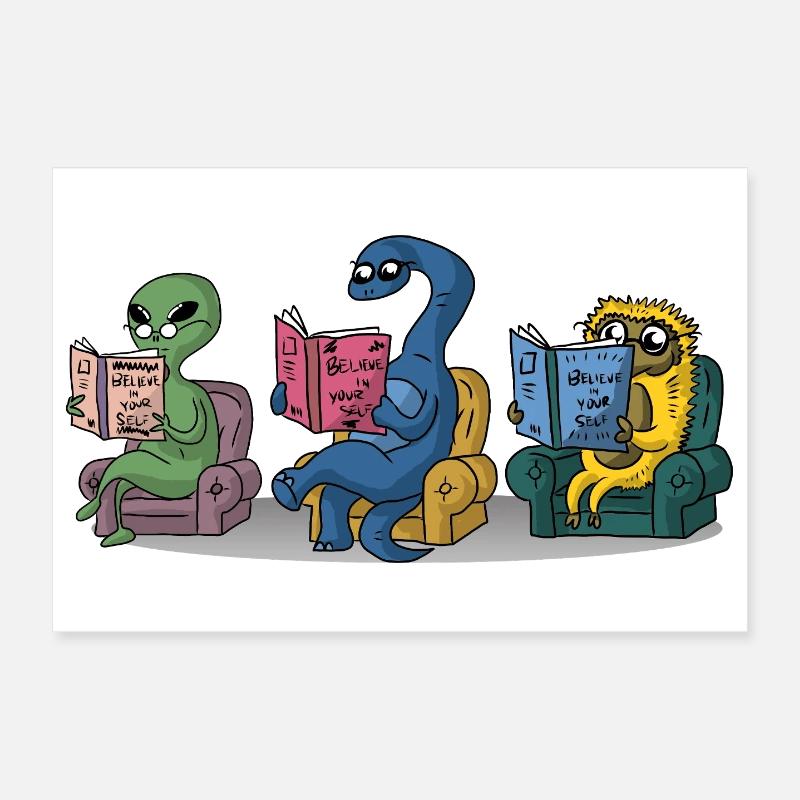 Funny Monsters Reading Self Help Books Bookworm Poster 12" x 8" (30x20 cm)