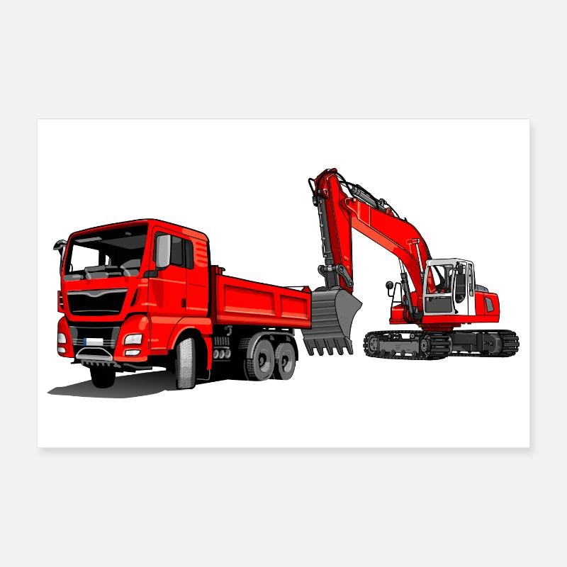 Construction site with excavator and dump truck Poster 12" x 8" (30x20 cm)