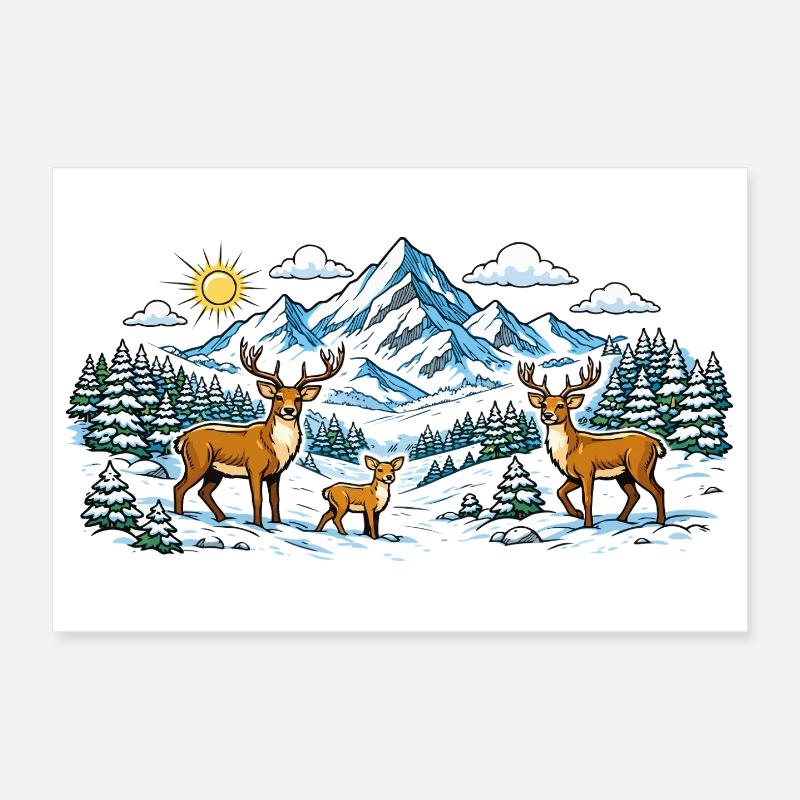 Mountains Forest Deer Panorama Poster 12" x 8" (30x20 cm)