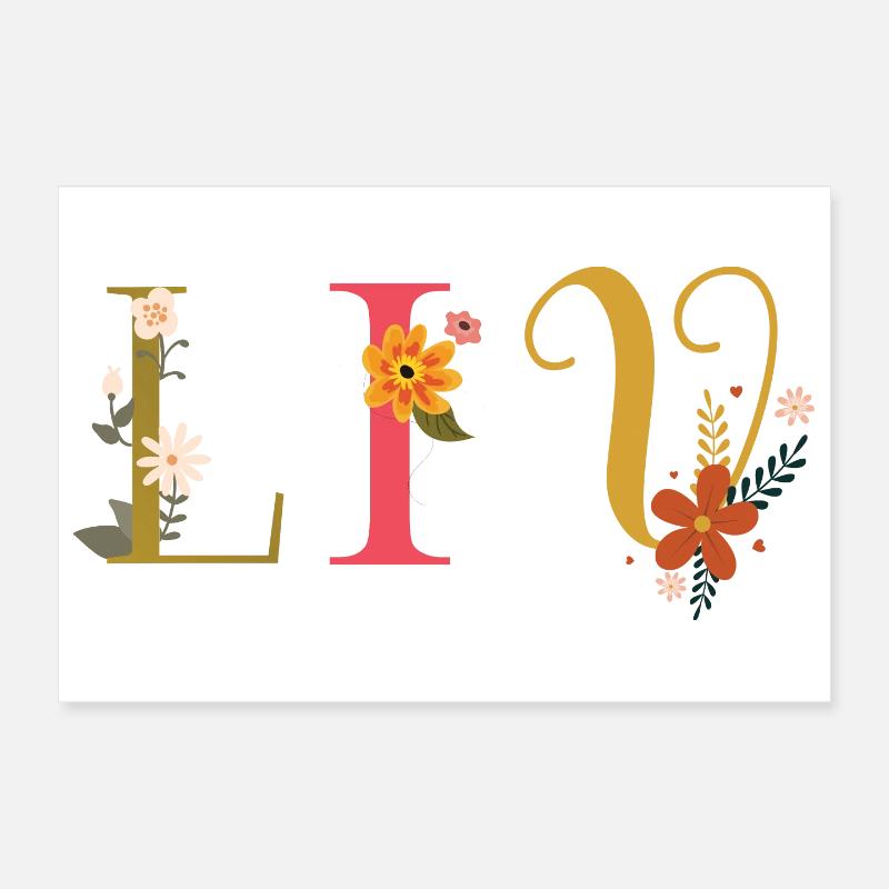 Nom LIV orné de fleurs - Poster 30 x 20 cm - blanc