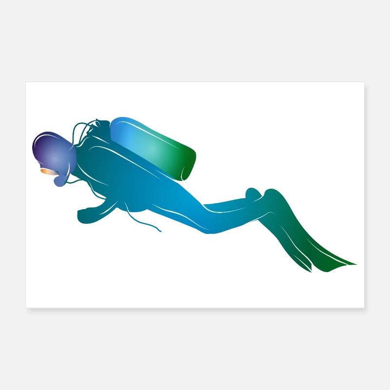 Silhouette de plongeur dans les tons bleu-vert Poster 30 x 20 cm
