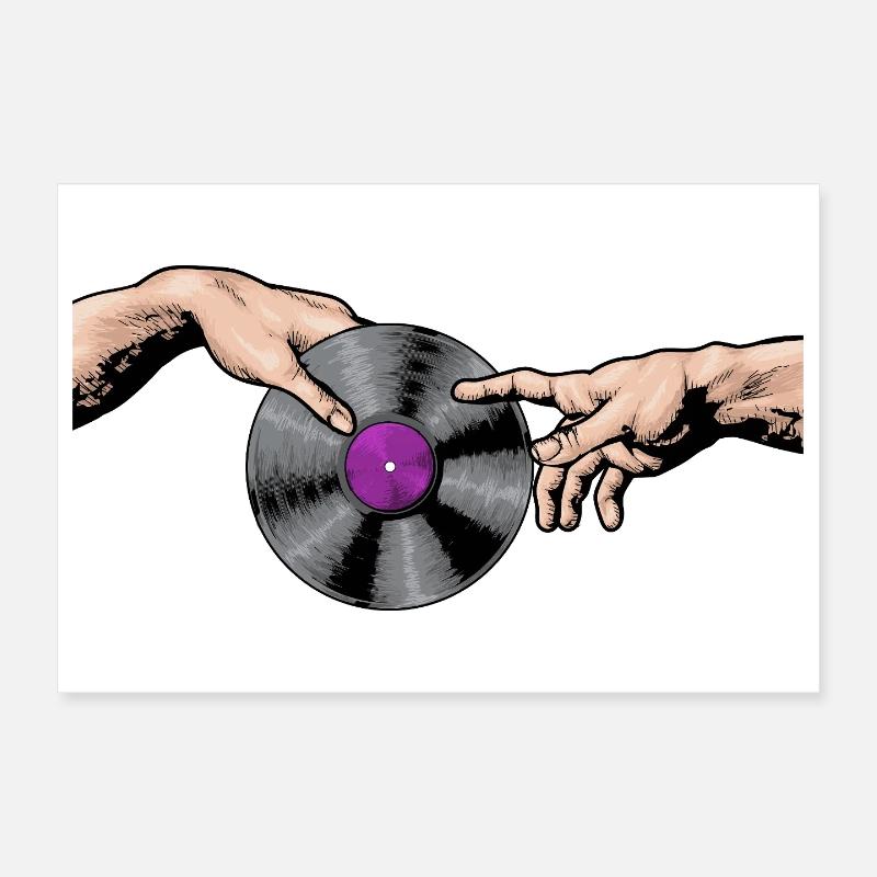 Mains touchant l’art d’un disque vinyle Poster 30 x 20 cm
