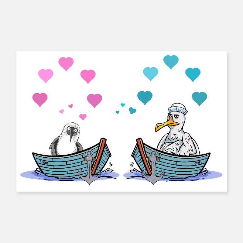 Mouettes bateau amour coeurs Saint-Valentin Romance Poster 30 x 20 cm