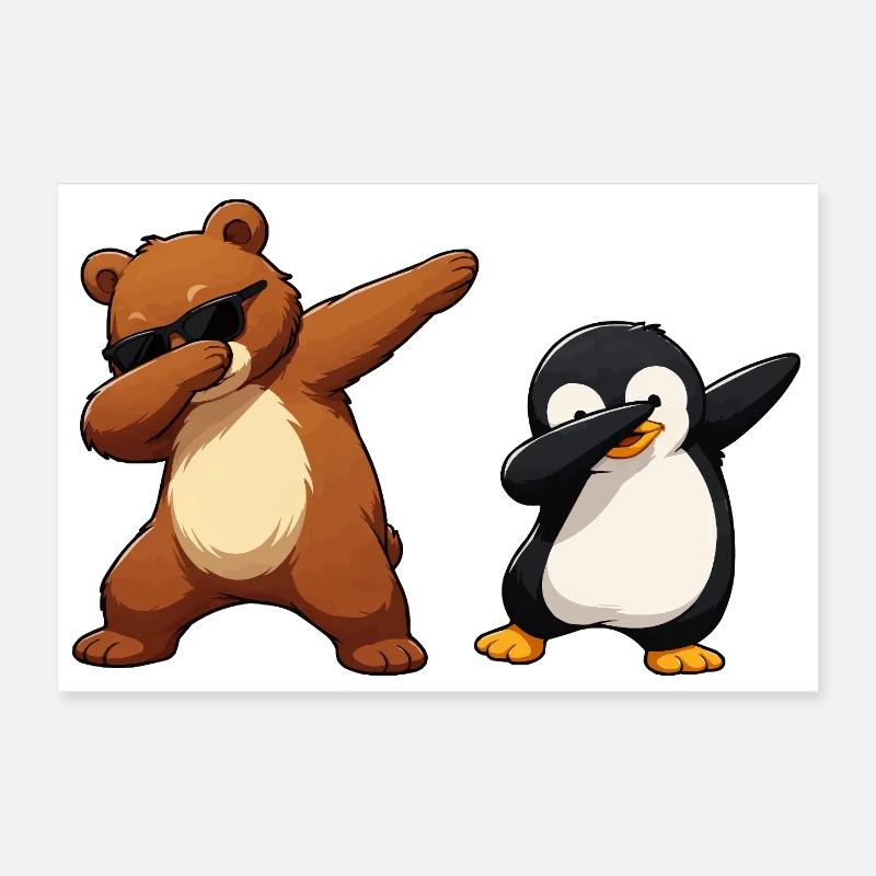 Bear and Penguin Dabbing Charm Poster 12" x 8" (30x20 cm)