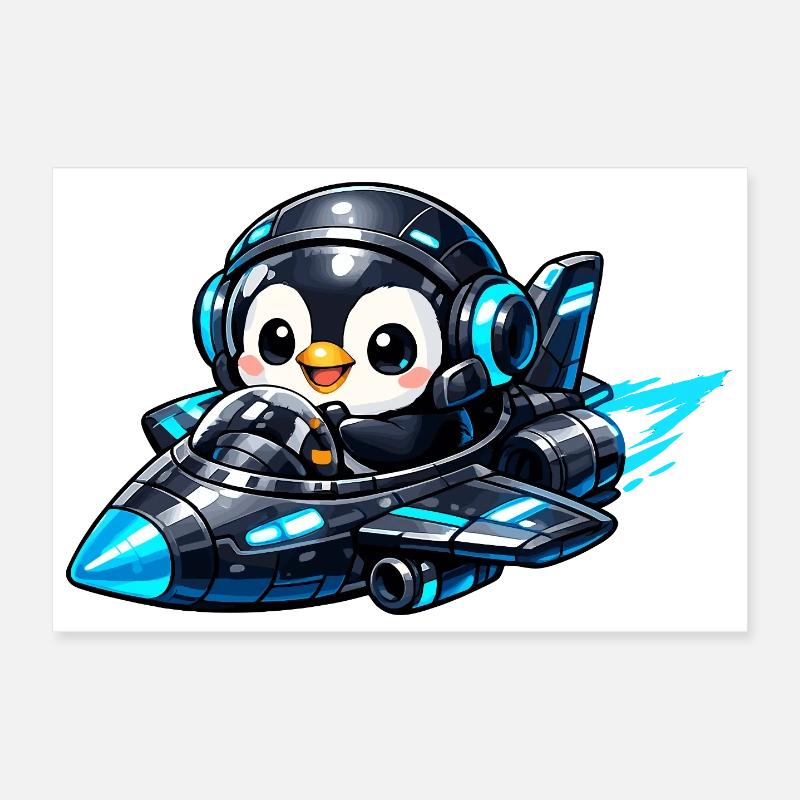 Neon penguin pilot in rocket jet Poster 12" x 8" (30x20 cm)