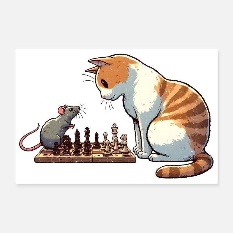 Playful Cats and Mouse Chess Illustration Poster 12" x 8" (30x20 cm)